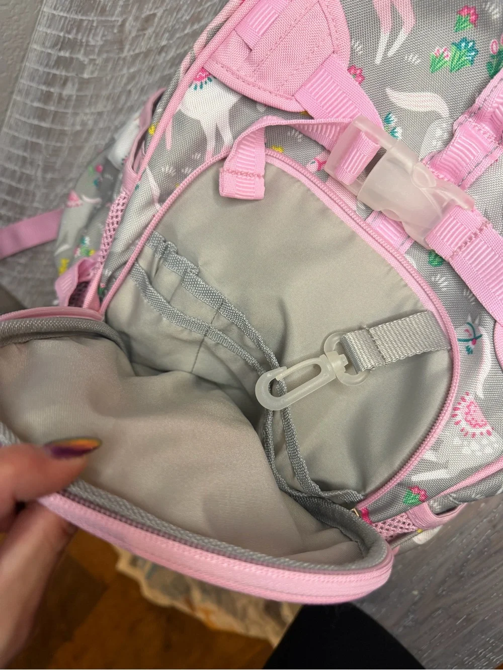 Pottery Barn Mackenzie Pink and Grey Horse / Unicorn Print Pink Backpack